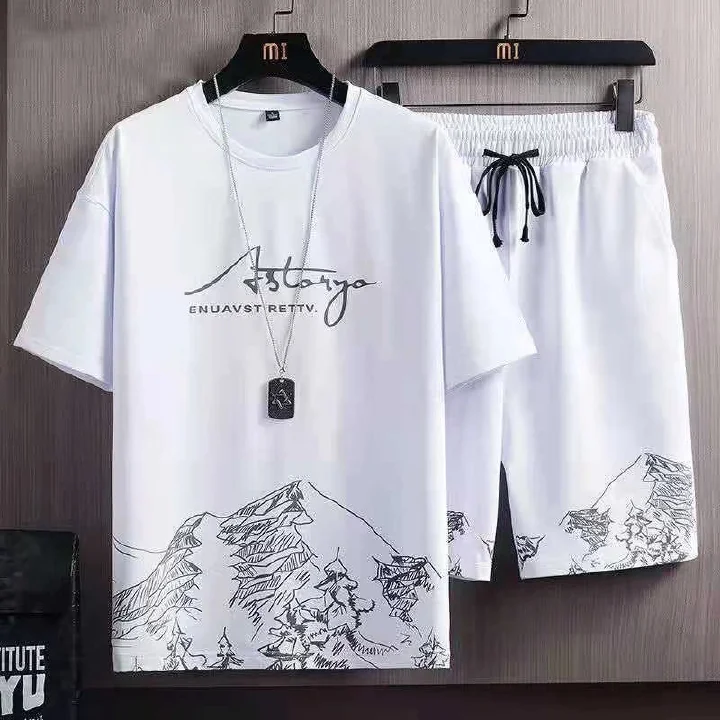 Ensemble 2 pieces pour homme T-shirt short et polo imprime col rond manches courtes